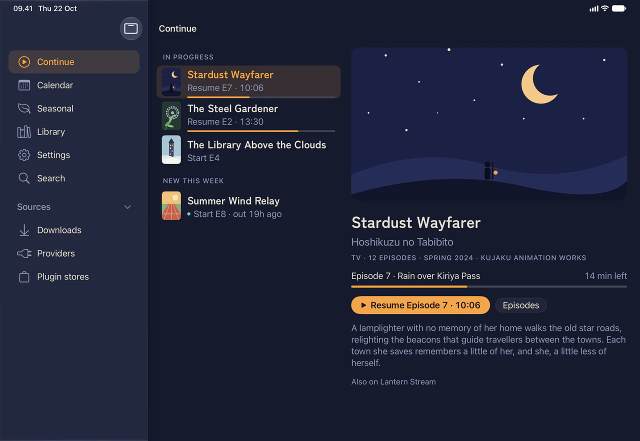 The iPad app on Continue, with the sidebar open