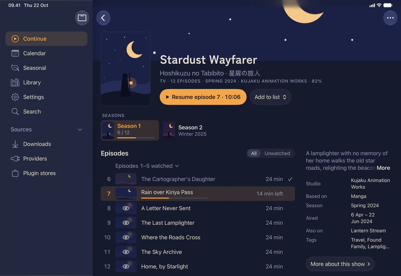 The iPad app on a title page, with the episode list beside the show’s details