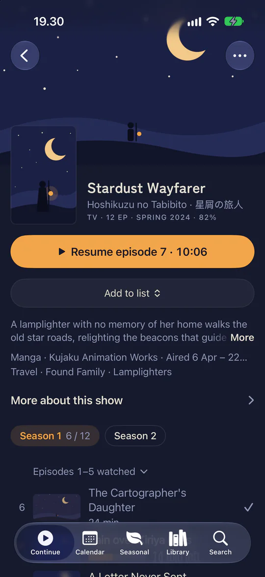 The iPhone app on a title page, with a button to resume episode 7
