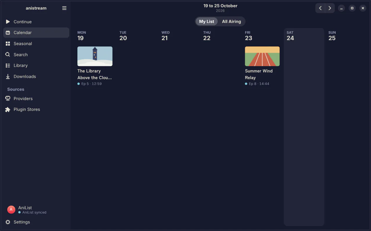 The Linux app’s calendar, with the week laid out by day