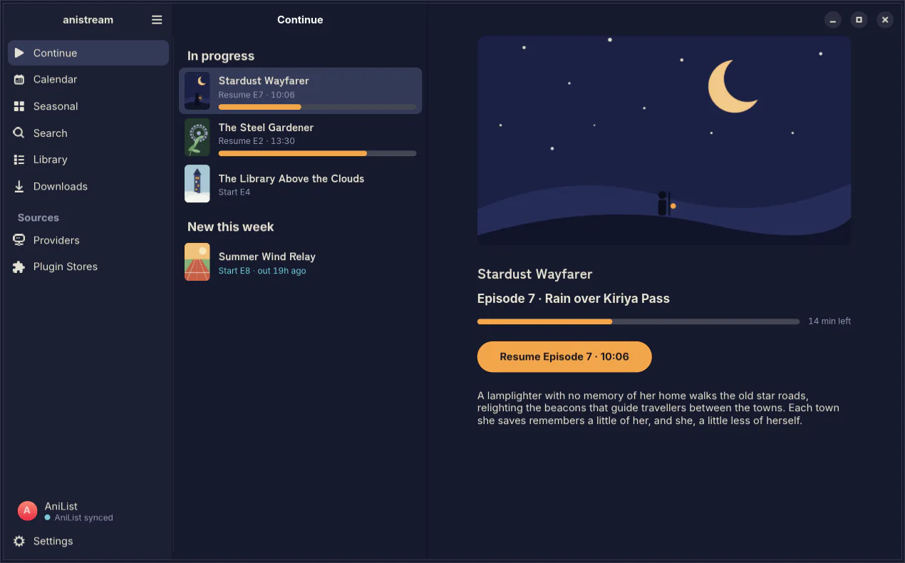 The Linux app on Continue: the shows in progress, and the one picked with a button to resume its episode