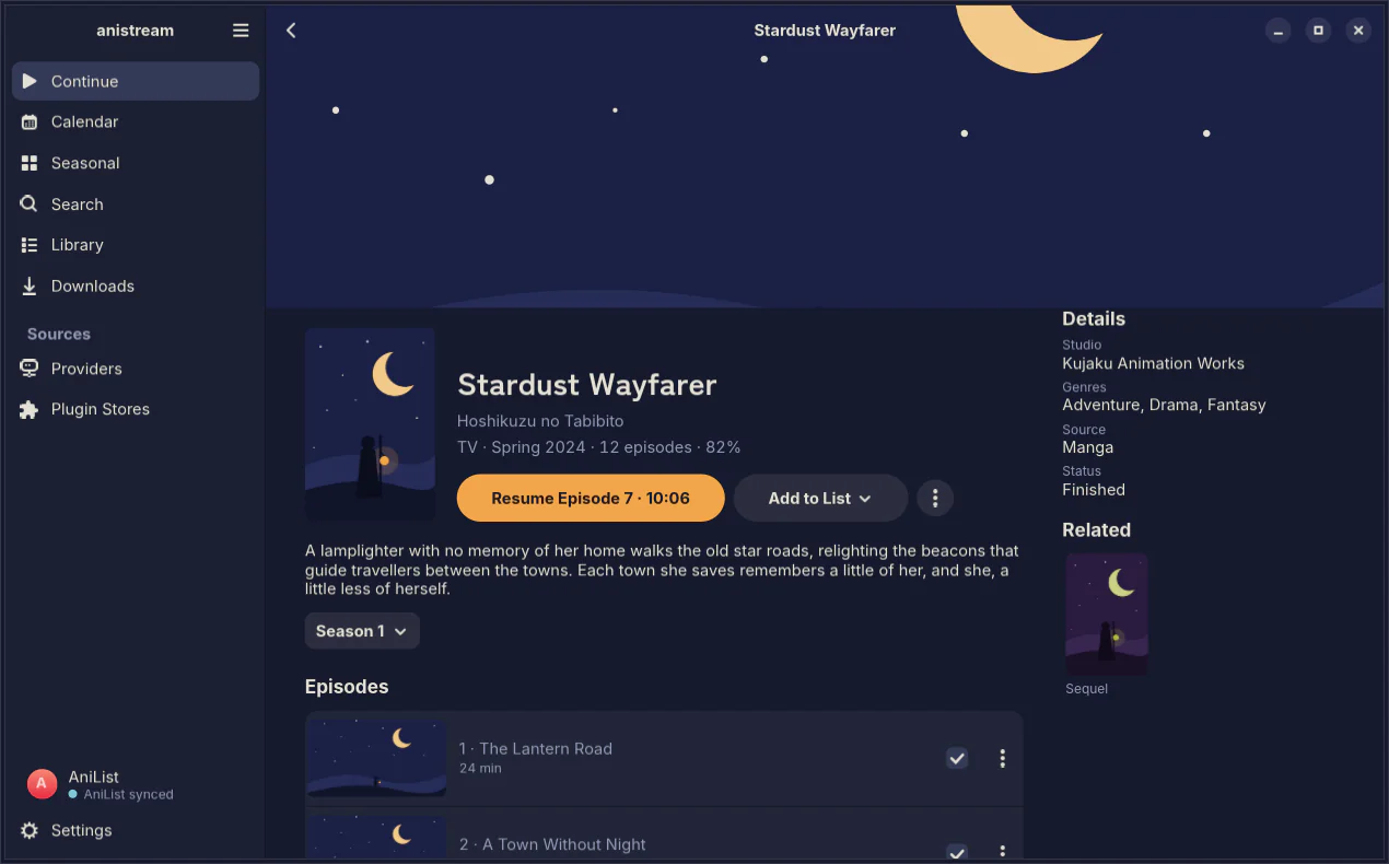 The Linux app on a title page, with the season picker, the episode list and a related title