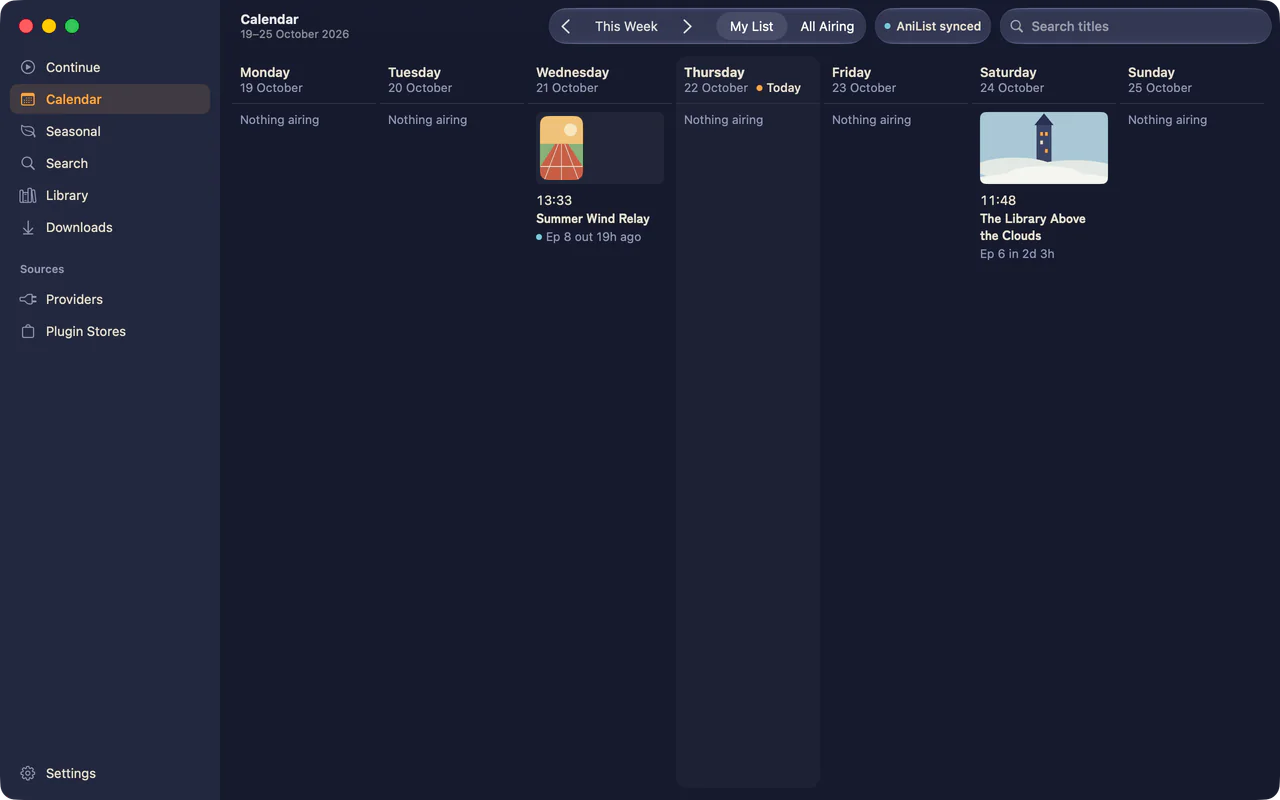 The Mac app’s calendar, with the week’s episodes laid out by day