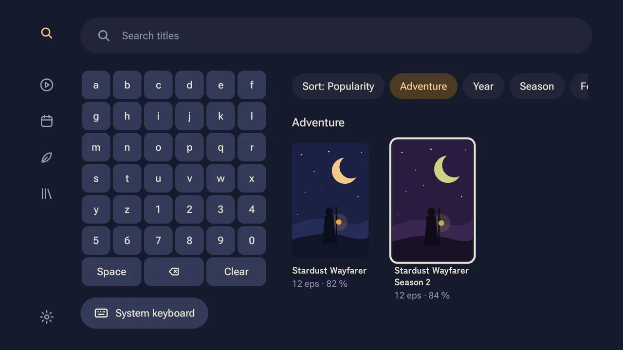 The Android TV app’s search with nothing typed: the on-screen keyboard, filter chips with Adventure picked, and two matching titles
