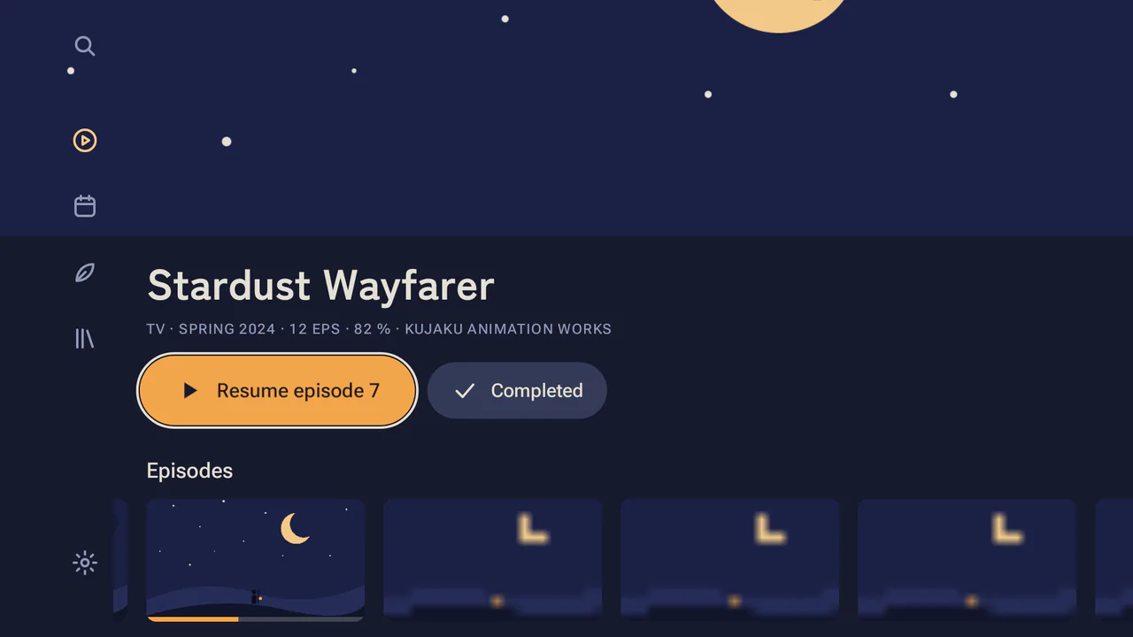 The Android TV app on a title page, with a button to resume episode 7 and the episode list