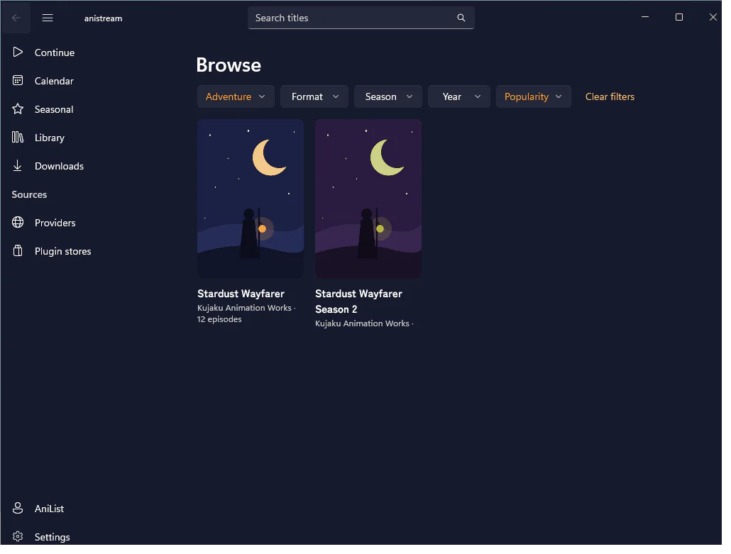 The Windows app’s Browse page: Adventure picked from the genre filter, sorted by popularity, and two matching titles