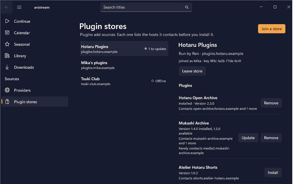 The Windows app’s plugin stores: the stores you joined, and one store’s plugins with Install and Update buttons