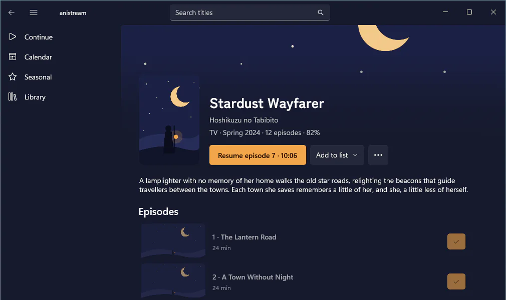 The Windows app on a title page: the poster, a button to resume episode 7 and the episode list