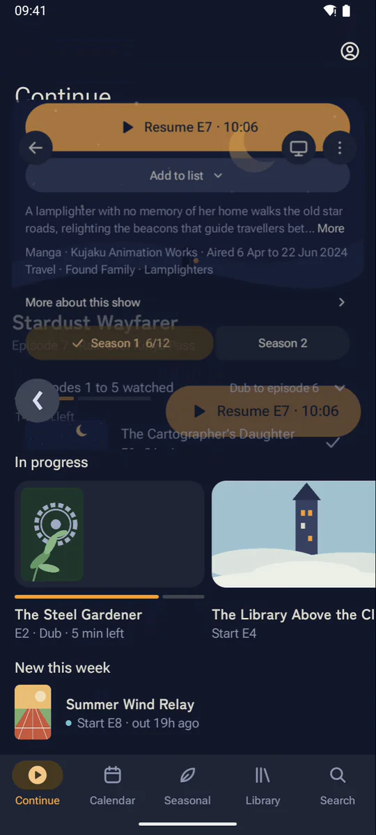 The Android app opening a show from Continue, switching to Season 2 and back, scrolling its episodes, then swiping back to Continue