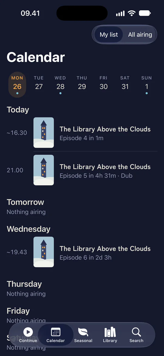 The iPhone app’s calendar: a day picked in the week, a show’s cover zooming into its title page and back, then today again