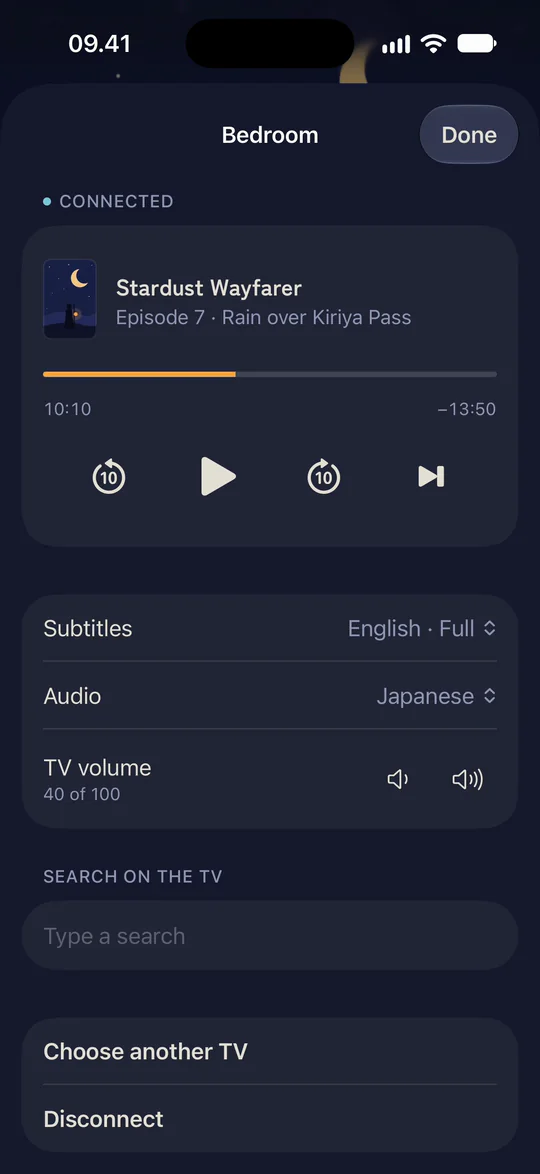 The iPhone app sending an episode to a TV, then pausing it from the remote