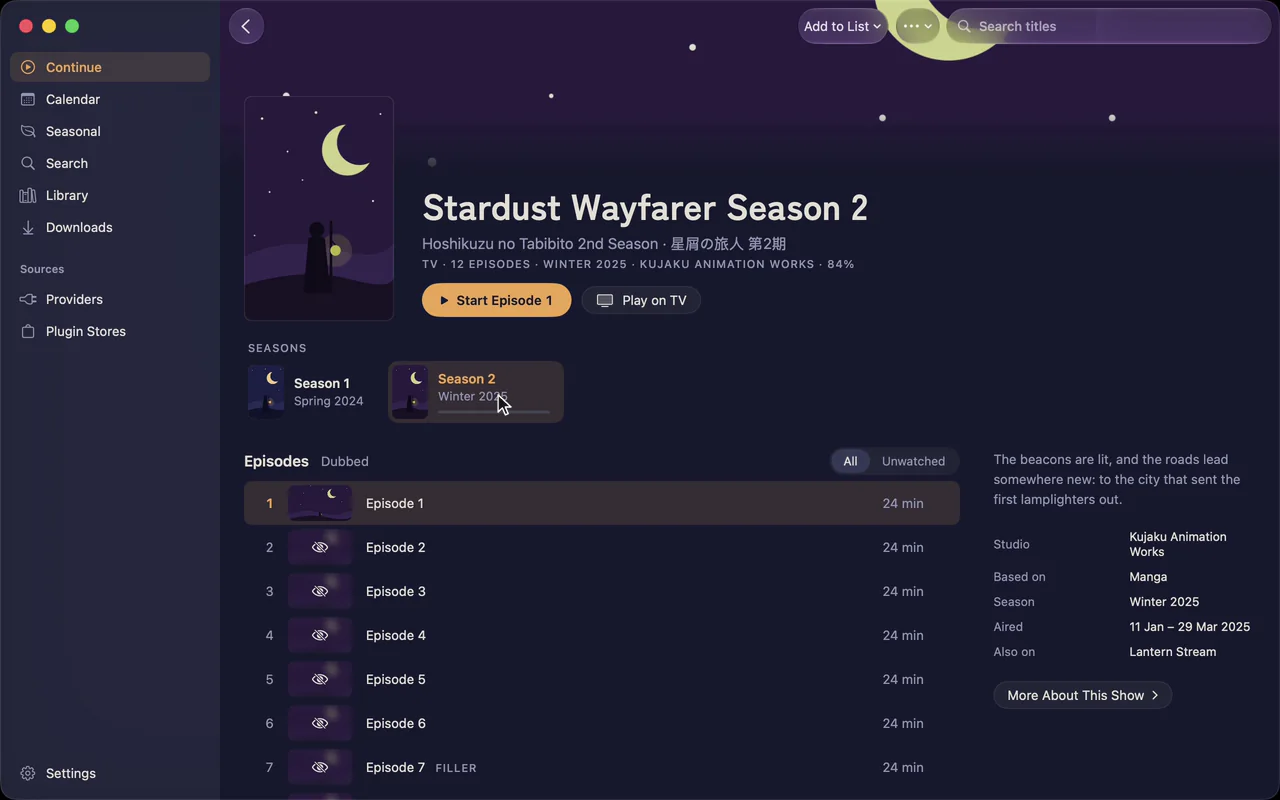 The Mac app on Continue: another show picked from the queue, its banner growing into the title page, then its second season
