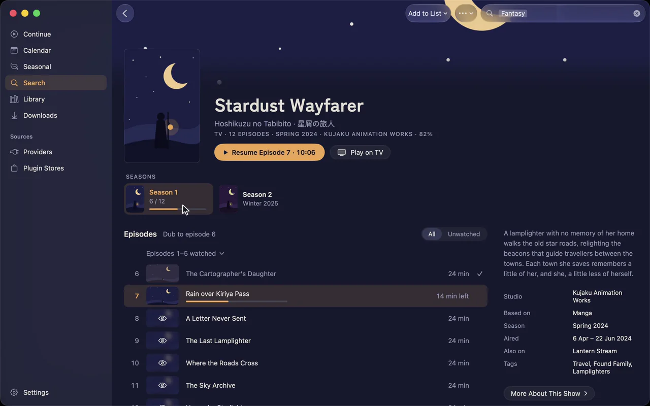 The Mac app’s search: Trending now opened in full, the filters panel sliding in, Fantasy taking half the titles away, then a show’s page and its first season