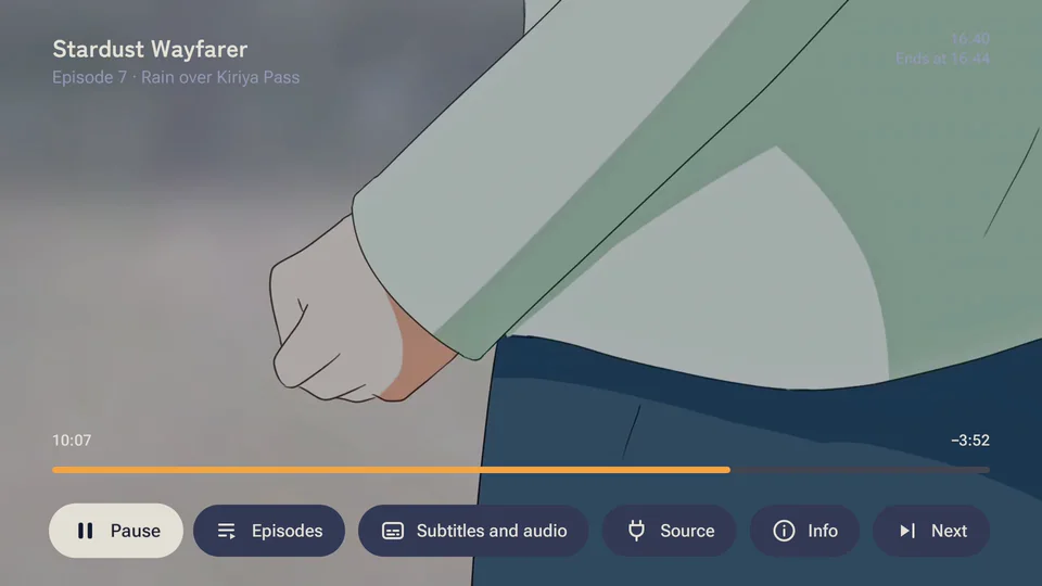 The Android TV app moving with the remote into a show’s page, switching seasons, then resuming episode 7